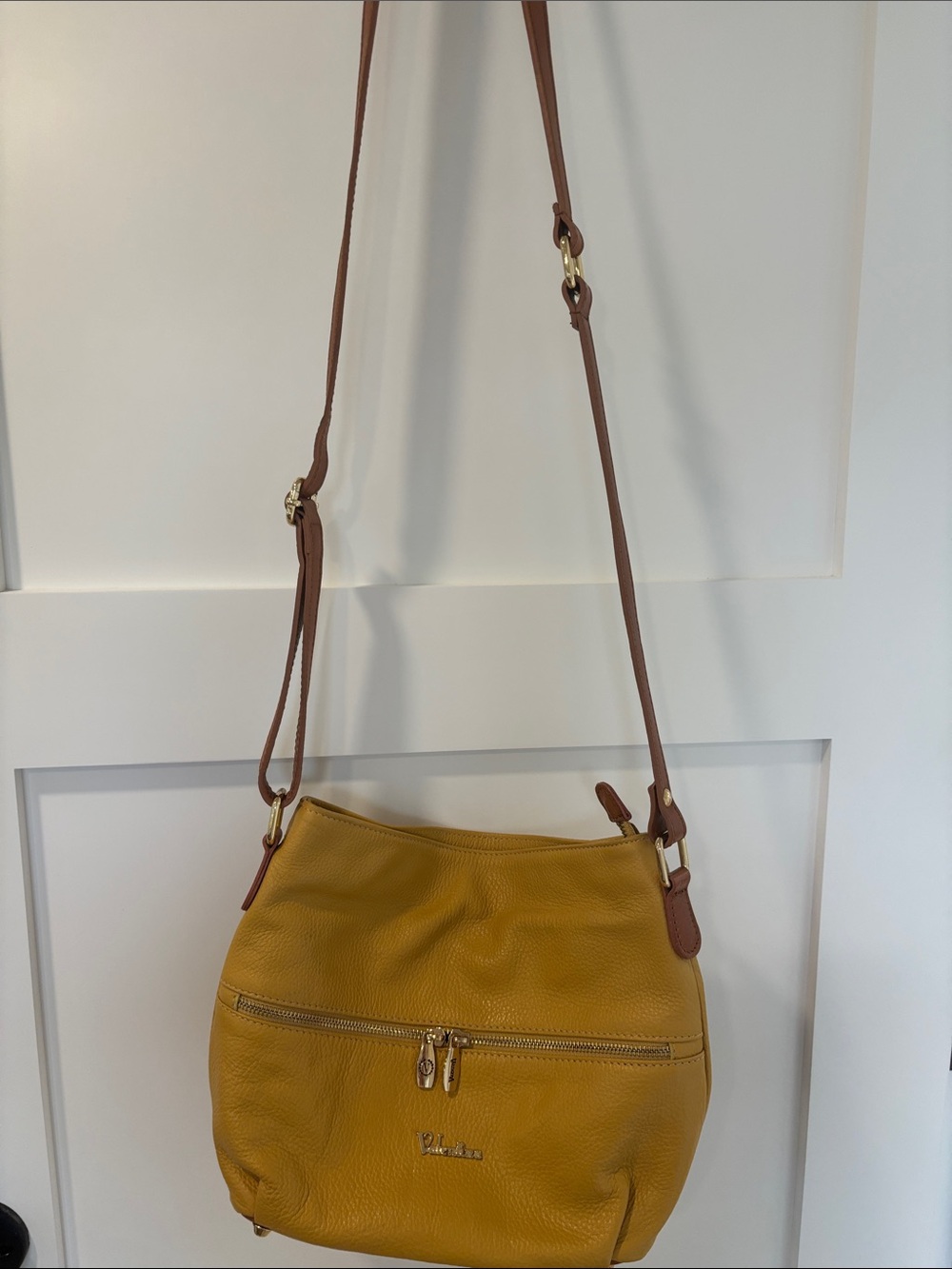 Beautiful Valentino Mustard Yellow Leather Crossbody with Brown Strap.